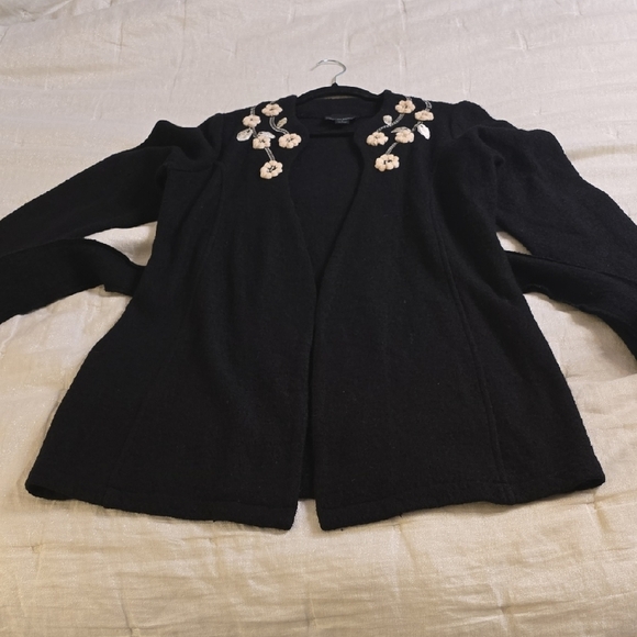 Cynthia Rowley Black Wool Dress Coat with Cream Floral Accents - Picture 6 of 14